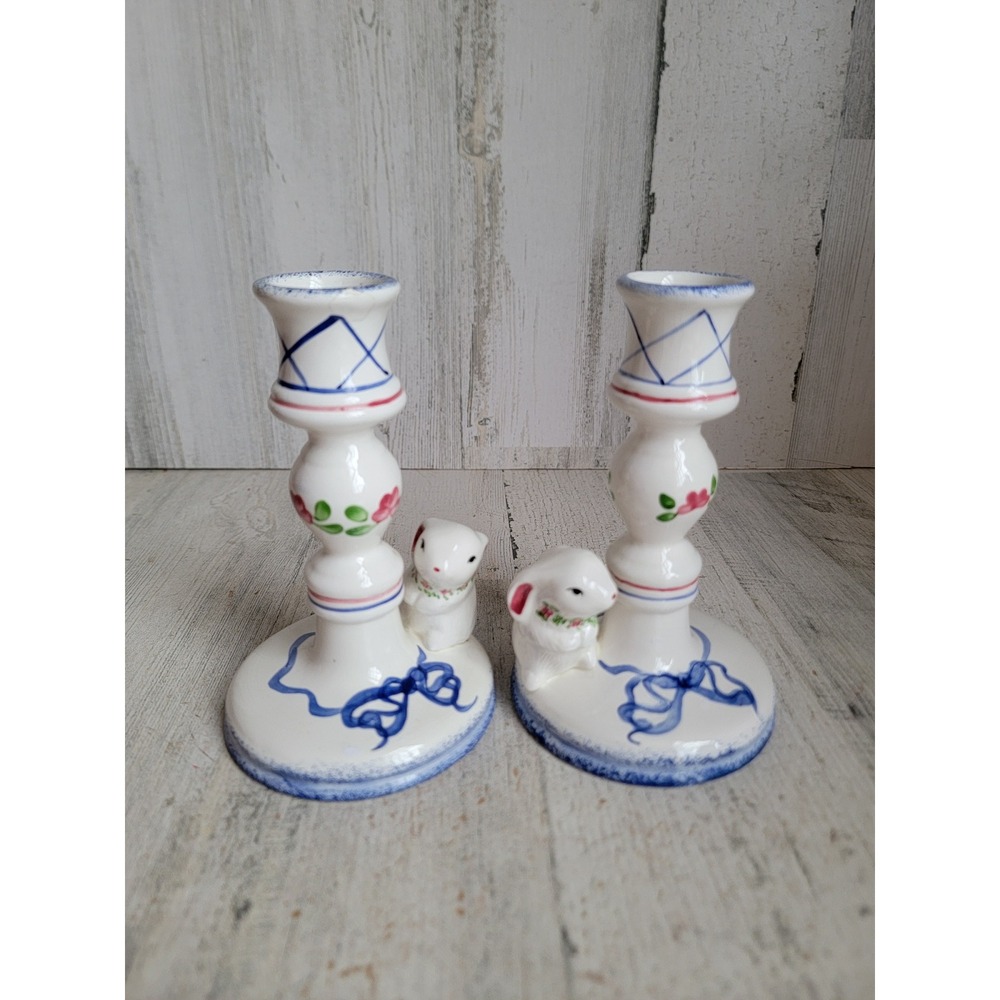 Annalea vintage‎ bunny candle stick rabbit spring Easter home decor figure set
